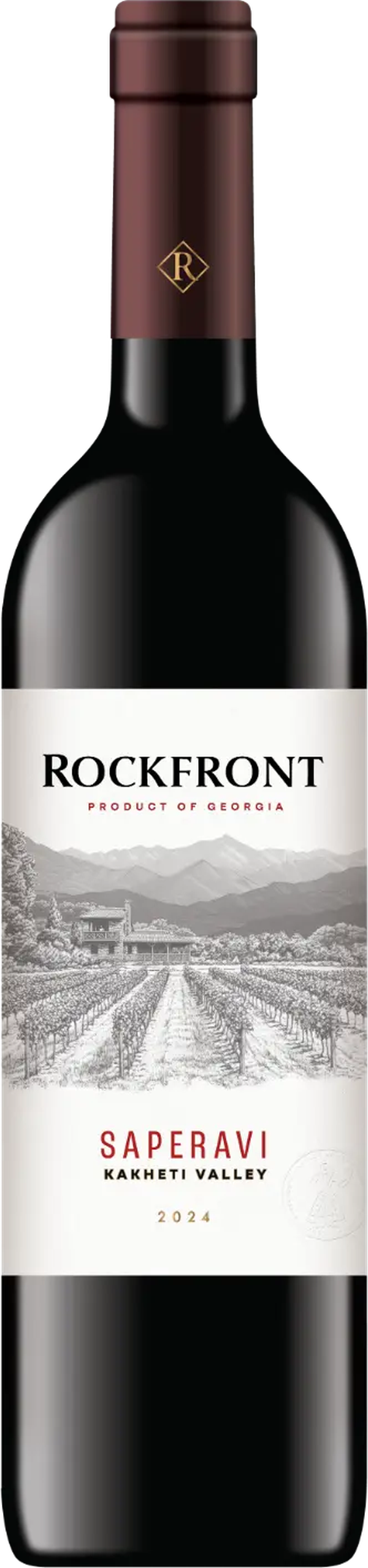 Rockfront Saperavi 2024 bottle with brick red capsule